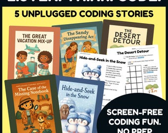 Actividad de programación desconectada para niños / 5 historias de cuadrícula de izquierda, derecha, arriba y abajo / Juego de algoritmo, lógica y escucha / Material imprimible de STEM de primaria