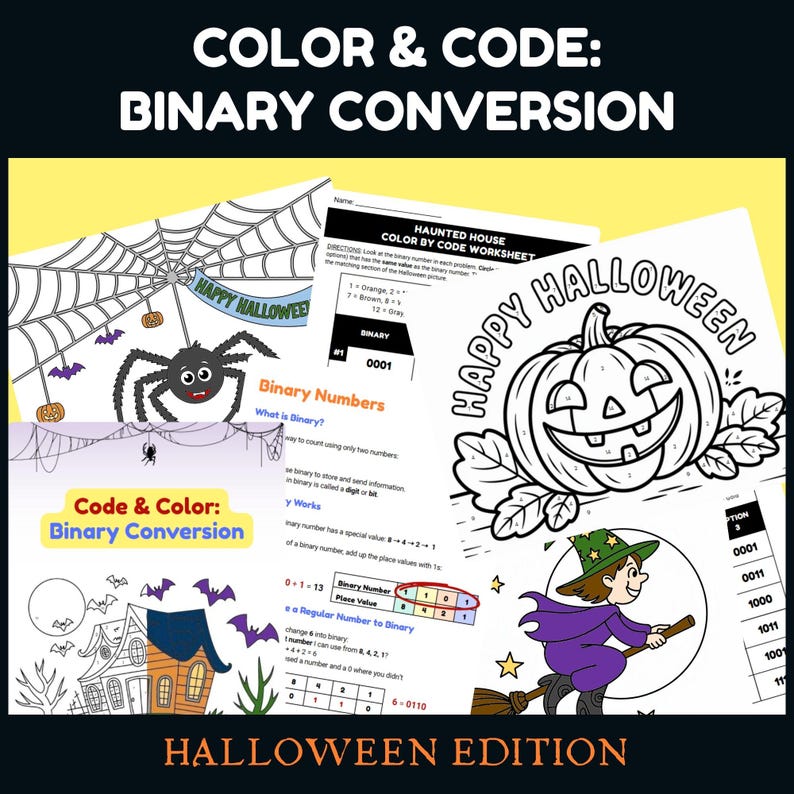 Puede incluir: Un conjunto de hojas de trabajo educativas con tem&aacute;tica de Halloween titulado "Color & Code: Binary Conversion". La imagen presenta una telara&ntilde;a, una calabaza, una bruja en una escoba y el texto "Happy Halloween". Las hojas de trabajo ense&ntilde;an n&uacute;meros binarios y actividades de colorear por c&oacute;digo.