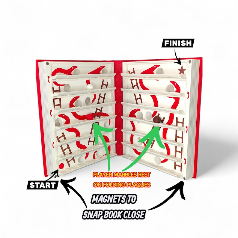 May include: A red and white marble game in the shape of a book. The game has a start and finish, with the text "PLAYER MARBLES REST ON FOLDING PLAQUES" and "MAGNETS TO SNAP BOOK CLOSE". The game is designed to be folded.