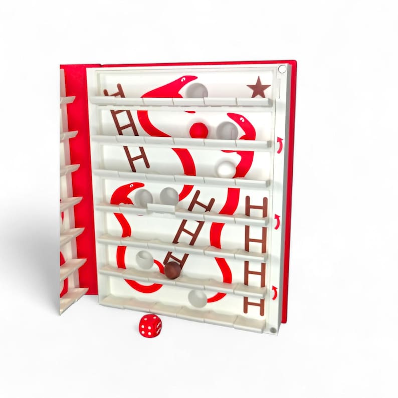 May include: A red and white wooden game with a dice and several small balls. The game has a series of horizontal tracks with red and white designs. The game is open, revealing the internal structure.