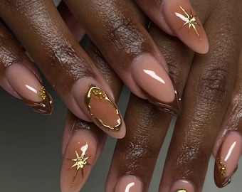 Brown Aura + 3D Chrome | Handmade Press on Nails