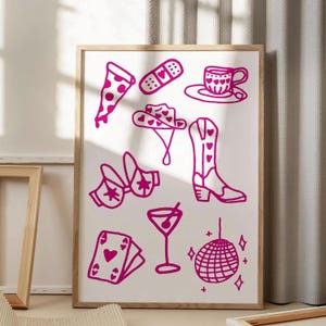 Arte de parede digital estética ocidental, impressões retrô rosa, botas de cowboy, martini e cartas de baralho, pôster de decoração de casa moderno, download digital