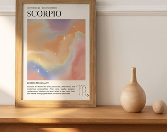 May include: A framed print with a watercolor-style background featuring the constellation for the zodiac sign Scorpio. The print includes the dates for the Scorpio zodiac sign, "October 23 - 21 November", and the word "SCORPIO" in large, bold letters. The print also includes a description of the Scorpio personality.