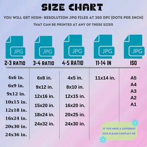 May include: A size chart for digital JPG files that can be printed at various sizes. The chart shows different aspect ratios and standard paper sizes, including 2-3 ratio, 3-4 ratio, 4-5 ratio, 11-14 inches, and ISO sizes like A5, A4, A3, A2, and A1. The chart includes measurements in inches.