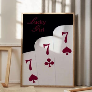Lucky Girl-poster - vintage 777-kaartkunst - esthetische muurdecoratie - kunstwerk met geluksthema - kamerdecoratie - cadeau voor haar | Digitale download