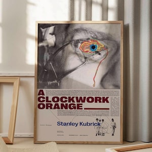 May include: A vintage film poster for the movie "A Clockwork Orange" directed by Stanley Kubrick. The poster features a close-up of an eye with a psychedelic design and the film's title in bold red letters.