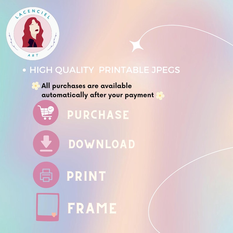 May include: A digital art print advertisement with a soft pastel gradient background. The image includes a logo, text stating "HIGH QUALITY PRINTABLE JPEGS", and icons for purchase, download, print, and frame. The overall theme is digital art.