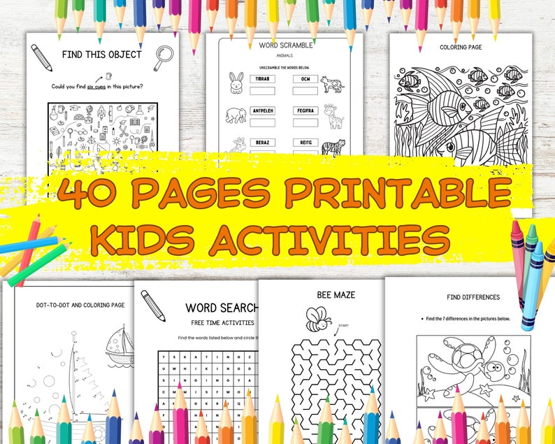 40 Printable Kids Activity Pages, Kids Coloring Pages, Word Search