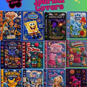Op de afbeelding: Een verzameling van twaalf rechthoekige dagboekcovers met kinderthema's, voorzien van diverse geanimeerde personages waaronder Blippi, Spongebob, Minecraft, Blue's Clues, Paw Patrol, Dr. Seuss, Peppa Pig, Shopkins, Pikachu, Bluey, Barbie en Trolls.