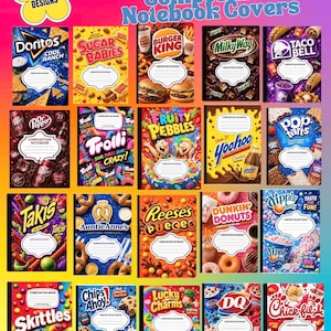 May include: A collection of twenty composition notebook covers featuring various food and beverage brand logos including Doritos, Burger King, Taco Bell, Dr. Pepper, Trolli, Fruity Pebbles, Yoohoo, Pop Tarts, Takis, Auntie Anne's, Reese's, Dunkin, Dippin Dots, Skittles, Chips Ahoy, Lucky Charms, DQ, and Chick-fil-A.