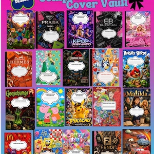 May include: A digital collection of twenty composition notebook covers featuring various pop culture themes including Minecraft, Prada, K-Pop, Balenciaga, Barbie, Hermes, Frozen, Jurassic Park, Bluey, Angry Birds, Goosebumps, Peppa Pig, Pikachu, Toy Story, Matilda, McDonald's, SpongeBob, Candy Land, Fendi, and Cars.