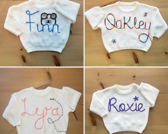 Custom Personalised knitted baby sweater, hand embroidered,  Baby and child sweater, Kids name jumper