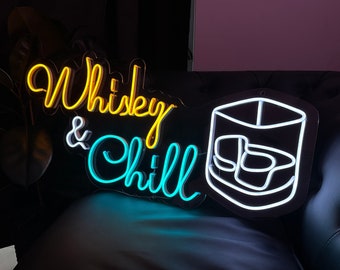 Whiskey and chill neon | Whisky Bar Neon Sign | Neon Sign Cocktails Bar | Whisky glass wall decor | Whiskey glass art |  Home Bar Sign