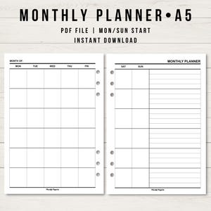 Undated Monthly Planner, A5 Printable Planner Inserts, Monthly Overview Spreads Refill Minimal and Simple Template, Ring Binder Page
