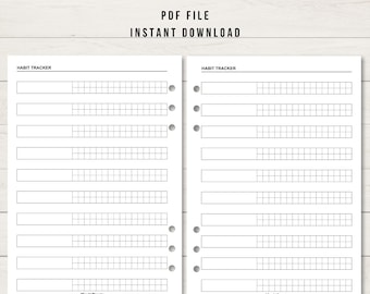 May include: A black and white printable habit tracker in A5 size. The tracker has a grid layout with spaces for writing in the habit name and a grid for marking off days. The text "HABIT TRACKER" is at the top of the page.