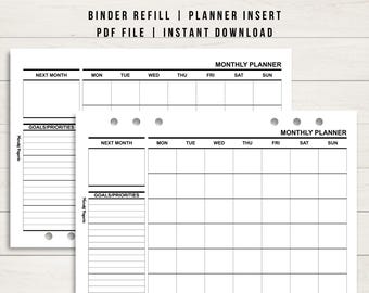 Planificador mensual horizontal sin fecha, hojas de resumen mensuales imprimibles A5, recambio de insertos para carpeta, plantilla minimalista y sencilla, carpeta de anillas