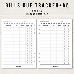 Monthly Bill Tracker, Bills Due Budget Planner, A5 Planner Inserts, Printable Planner Insert, Financial Planner, Expense Tracker, Minimalist
