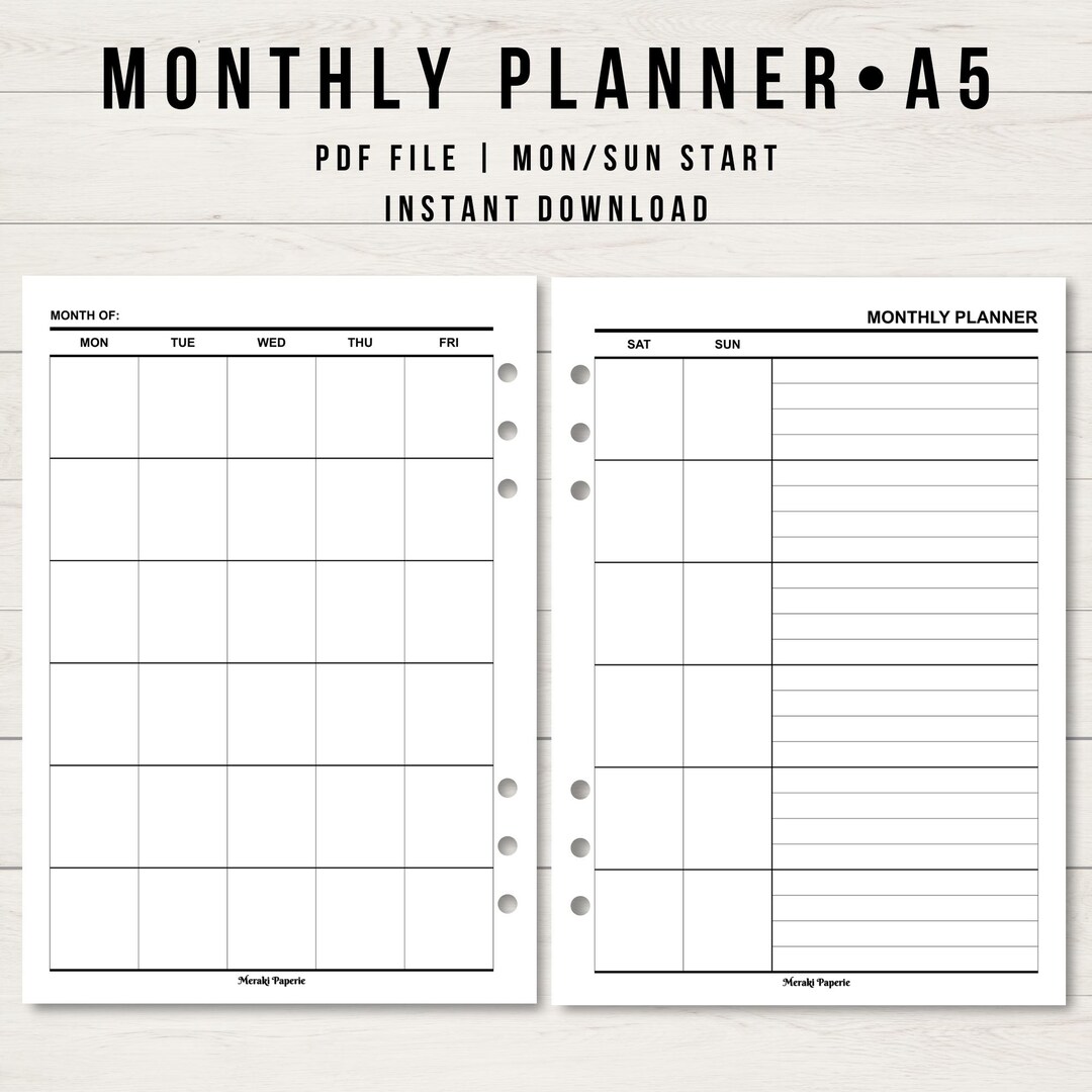 Undated Monthly Planner, A5 Printable Planner Inserts, Monthly Overview