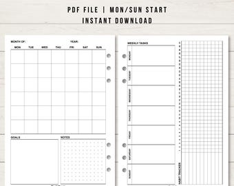 Monthly Productivity, A5 Planner Inserts, Planner Printable Undated, Habit Tracker Binder Refill, Bullet Journal Ring Binder Notebook