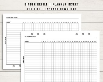 May include: A black and white printable habit tracker for a planner or binder. The tracker is designed for A5 size paper and has a grid layout with 31 columns for each day of the month. The text "HABIT TRACKER" is at the top of the page.