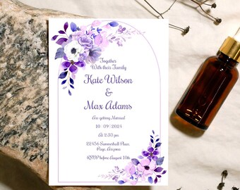 Personalized digital wedding invitation with arch and purple flowers, printable wedding invitation