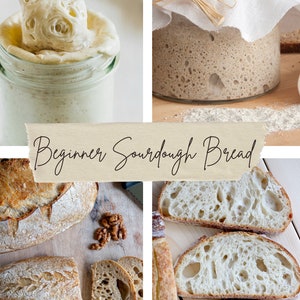 Puede incluir: Un collage de im&aacute;genes que muestran el proceso de elaboraci&oacute;n del pan de masa madre. La primera imagen muestra un frasco de vidrio con masa madre burbujeando. La segunda imagen muestra una hogaza de pan de masa madre cortada, revelando una miga ligera y aireada. La tercera imagen muestra un primer plano de la masa madre en un frasco de vidrio. La cuarta imagen muestra una hogaza de pan de masa madre cortada, revelando una miga ligera y aireada.