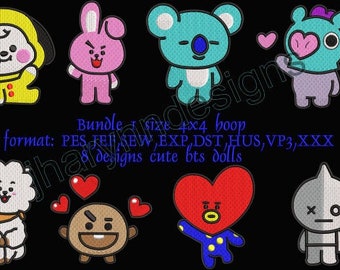 Bundle 8 designs Bts characters machine embroidery designs 1 size 4x4 hoop  bt21 pes,jef,dst,vp3,hus,xxx,sew,exp