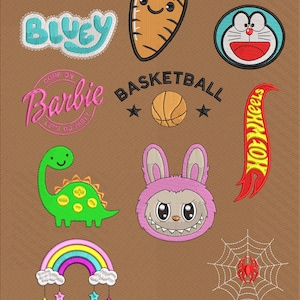May include: A collection of colorful embroidered patches featuring cartoon characters, a basketball, and the text "Barbie" and "Bluey". The image also includes a rainbow, a spider web, and the text "Hot Wheels". The design is for kids.
