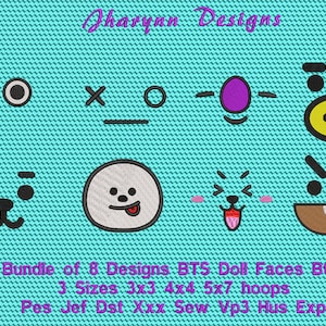 Bundle von 8 BTS Puppen Gesicht Digitale Datei Stickmuster 3 Größen 3x3 4x4 5x7 Rahmen Pes Jef Dst Sew Hus Exp Vp3 Xxx