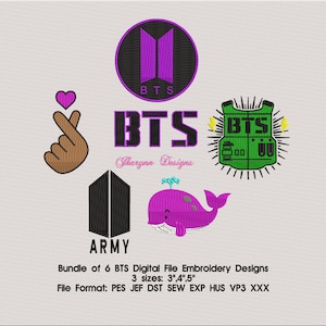 May include: A set of six digital embroidery designs featuring the popular K-pop group BTS. The designs include a logo, a whale, a heart, a vest, and the word "ARMY". The designs are available in three sizes: 3 inches, 4 inches, and 5 inches. File formats include PES, JEF, DST, SEW, EXP, HUS, VP3, and XXX.