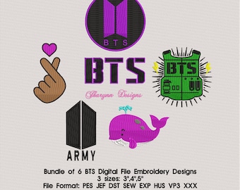 Bundle of 6 Kpop Idol Bangtan Boys BTS Digital File Embroidery Designs 3 sizes 3",4",5" pes jef dst sew exp hus vp3 xxx