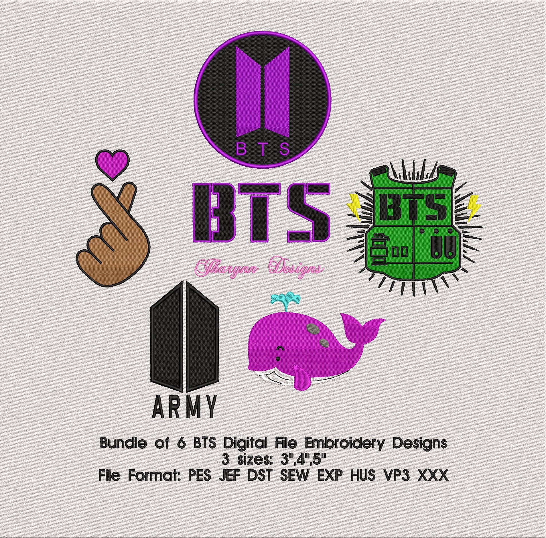 Bundle of 6 Kpop Idol Bangtan Boys BTS Digital File Embroidery Designs 3 Sizes 3,4,5 Pes Jef Dst