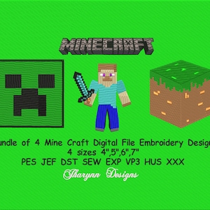 May include: A digital embroidery design bundle featuring four Minecraft characters: a green creeper face, a pixelated character holding a sword, and a block of dirt with grass on top. The bundle includes four sizes: 4 inches, 5 inches, 6 inches, and 7 inches. The file formats included are PES, JEF, DST, SEW, EXP, VP3, HUS, and XXX. The text "Tharynn Designs" is also included in the image.