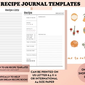 Modelos para impressão de livro de receitas/diário, inserções de receitas, planejador de receitas de livro de receitas, planejador de refeições, diário alimentar