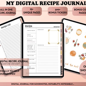 Digital Recipe Book/ Journal For Goodnotes, Notability, Digital Recipe Journal, Digital Cookbook Recipe Planner, Digital Meal Planner
