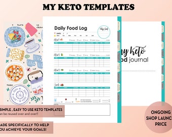 May include: A printable keto food journal template with a colorful design featuring food illustrations. The template includes sections for daily food logs, meal tracking, and notes. The text "My Keto Templates" is at the top of the page.