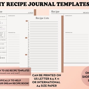Modelos para impressão de livro de receitas/diário, inserções de receitas, planejador de receitas de livro de receitas, planejador de refeições, diário alimentar