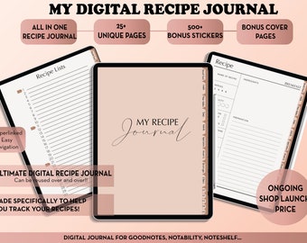 May include: Digital recipe journal with a soft pink cover and white pages. The journal includes recipe lists, recipe pages, and tabs for easy navigation. Text on the image includes "My Digital Recipe Journal" and "Ultimate Digital Recipe Journal".