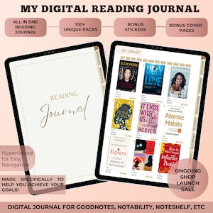 Undatiertes Jährliches Digitales Lesejournal, Leseplaner, Lesetracker, Buchbesprechung, Bücherregal, Lesetagebuch, Goodnotes Journal