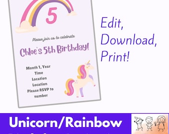 Unicorn and Rainbow Birthday Invitation