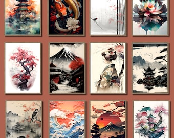 Japanese Wall Art: Set of 12 Digital Japanese Posters featuring Mount Fuji, Geisha, and Zen Themes