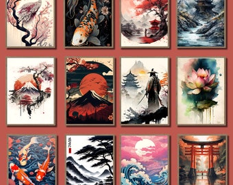 Elegant Japanese Landscape Wall Art Prints: Set of 12 Ft. Samurai Warriors, Lotus Flower, Mount Fuji & More