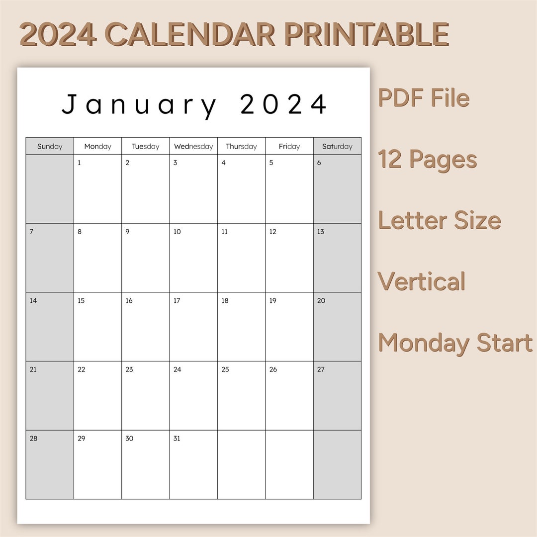 2024 CALENDAR Letter Size PDF Format Printable Etsy