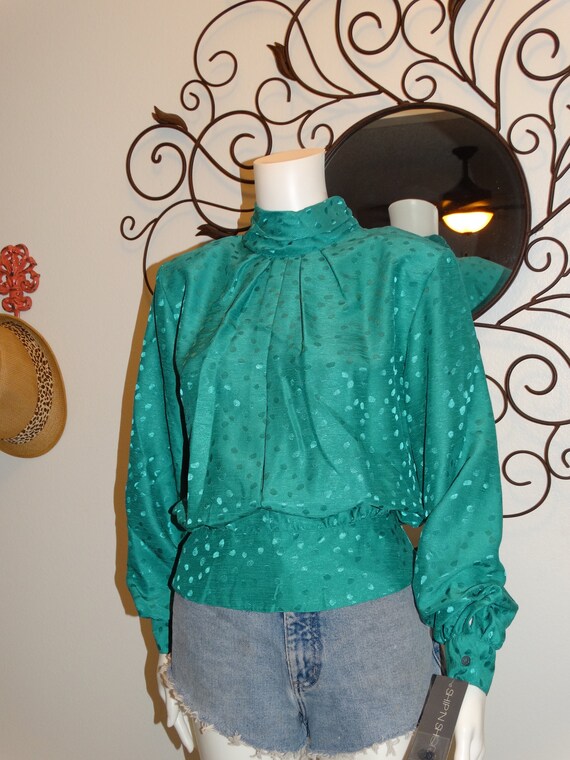 Vtg 70s Emerald Green Deadstock with Tags Blousy … - image 7