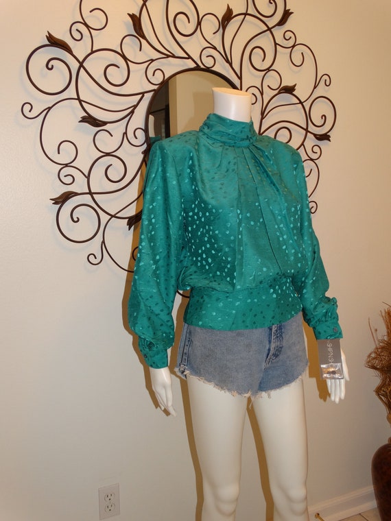 Vtg 70s Emerald Green Deadstock with Tags Blousy … - image 2