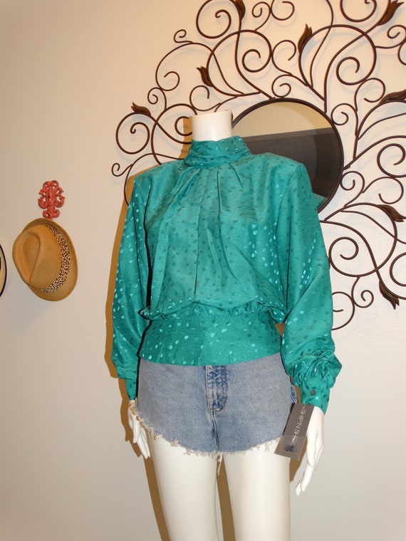 Vtg 70s Emerald Green Deadstock with Tags Blousy … - image 4
