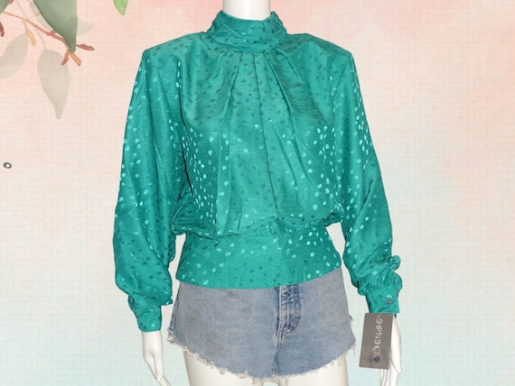 Vtg 70s Emerald Green Deadstock with Tags Blousy … - image 1