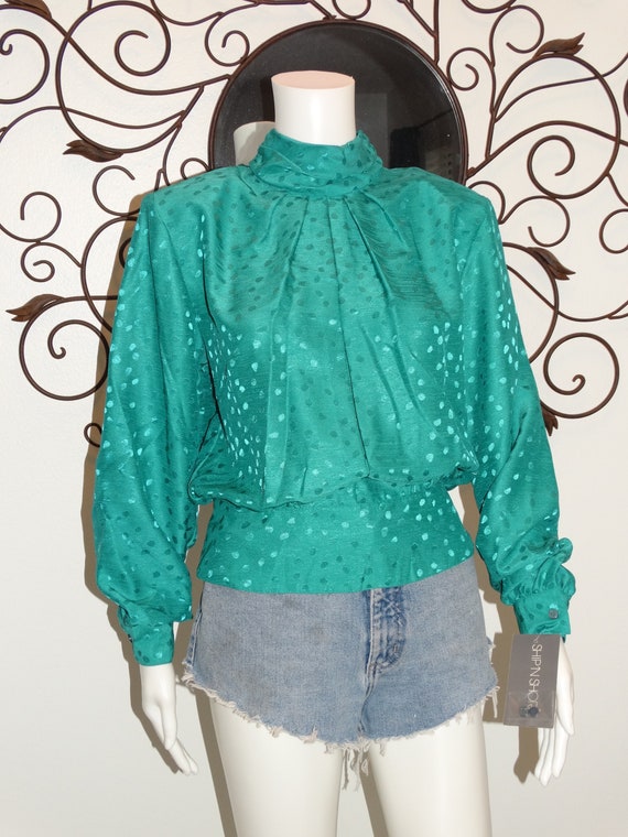 Vtg 70s Emerald Green Deadstock with Tags Blousy … - image 5