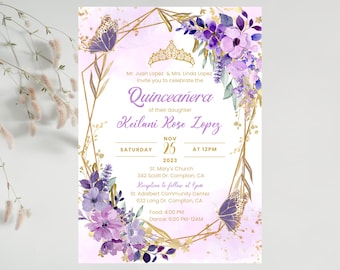 Uitnodiging voor quinceañera paarse bloemenvlinder (aanpasbaar)
