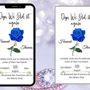 Sofortiger Download Digitale Hochzeitseinladungskarte - Blaue Blumenliebe - Zweite Chance - Einfach zu bearbeitende Einladung